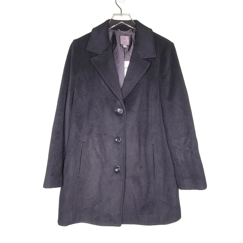 J Jill Coat Black Wool Blend Overcoat Button Up Preppy Classic Outerwear M
